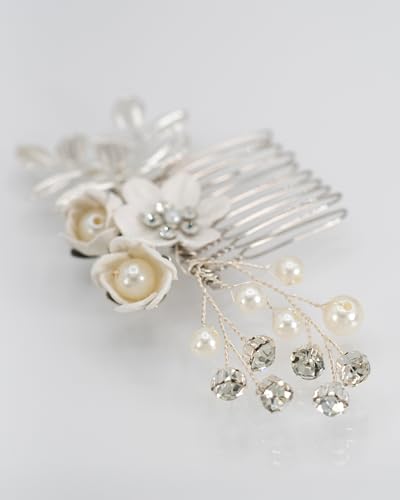 Bridal Hair Comb – Handmade Floral Hair Accessory with Pearls and Crystals – Elegant Wedding Headpiece for Updo or Half-Up Hairstyles - Gift Box Option (silver, standard) von Kanasi