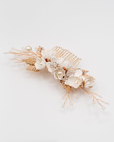 Bridal Hair Comb – Handmade Wedding Hairpiece with Pearls and Flowers – Floral Hair Accessory for Bride or Communion - Gift Box Option (gold, standard) von Kanasi