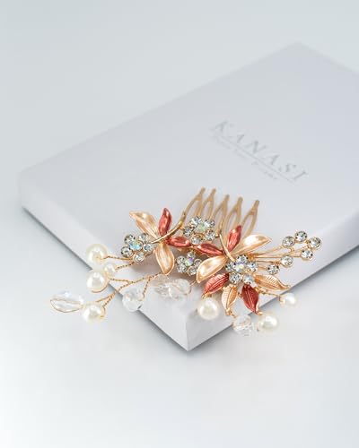 Bridal Hair Comb with Pearls and Crystals – Handmade Gold Tone Wedding Hair Accessory with Floral Design for Elegant Updos – Gift Box Option (peach, gift box included) von Kanasi