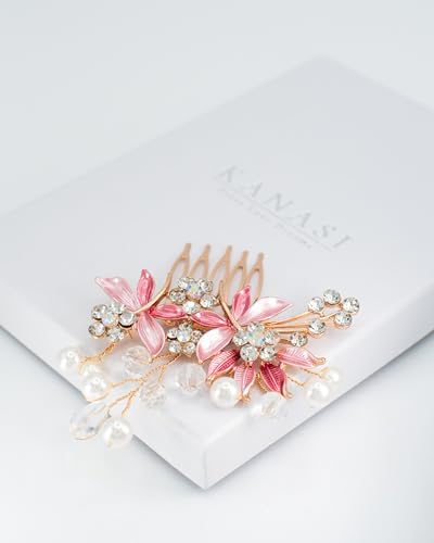 Bridal Hair Comb with Pearls and Crystals – Handmade Gold Tone Wedding Hair Accessory with Floral Design for Elegant Updos – Gift Box Option (pink, gift box included) von Kanasi