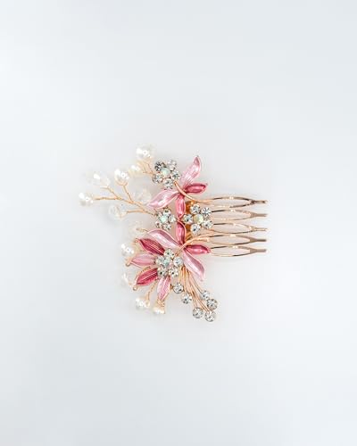 Bridal Hair Comb with Pearls and Crystals – Handmade Gold Tone Wedding Hair Accessory with Floral Design for Elegant Updos – Gift Box Option (pink, standard) von Kanasi