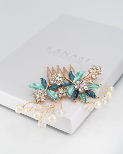 Bridal Hair Comb with Pearls and Crystals – Handmade Gold Tone Wedding Hair Accessory with Floral Design for Elegant Updos – Gift Box Option (turquoise, gift box included) von Kanasi
