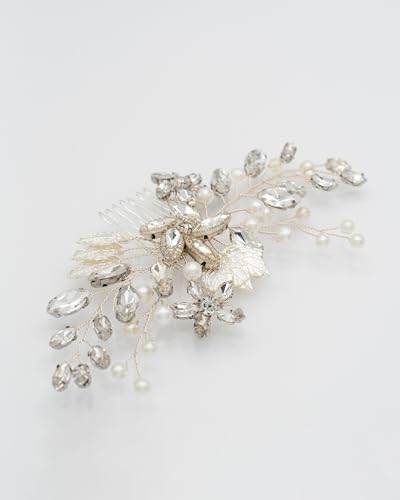 Bridal Hair Comb with Pearls and Crystals – Handmade Wedding Hair Accessory with Floral and Leaf Details – Elegant Silver Tone Hairpiece for Brides - Gift Box Option (standard) von Kanasi