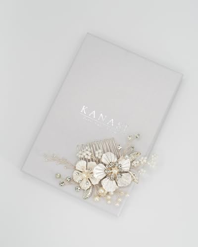 Silver Tone Bridal Hair Comb with Pearls and Crystals – Handmade Wedding Hair Accessory for Bride, Bridesmaids or Guests – Elegant Flower Design - Gift Box Option (gift box included) von Kanasi