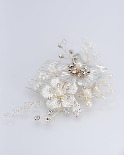 Silver Tone Bridal Hair Comb with Pearls and Crystals – Handmade Wedding Hair Accessory for Bride, Bridesmaids or Guests – Elegant Flower Design - Gift Box Option (standard) von Kanasi