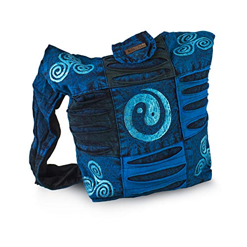 Nepal Umhängetasche Schultertasche Seitentasche Damen Patchwork Yin Yang Triskele Symbole bestickt Baumwolle Handytasche Frauen Handmade (Blau) von Kanchan Crafts