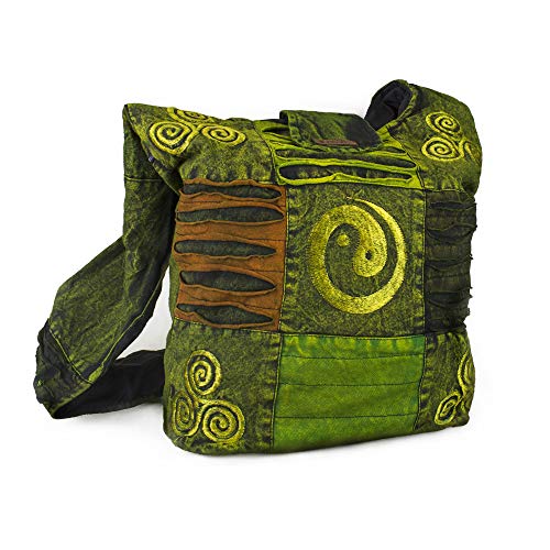 Nepal Umhängetasche Schultertasche Seitentasche Damen Patchwork Yin Yang Triskele Symbole bestickt Baumwolle Handytasche Frauen Handmade (Grün) von Kanchan Crafts