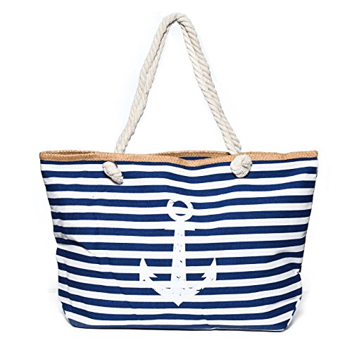 Kandharis Strandtasche Badetasche große Sommertasche Schultertasche Shopper mit Reissverschluss Anker Streifen Maritime Muster XL Damen ST-14 Dunkelblau Weiß von Kandharis