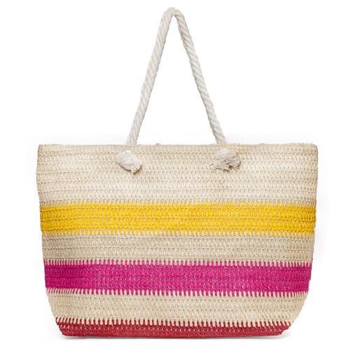 Kandharis Strandtasche Sommertasche XXL Damentasche Badetasche Unifarben Streifen Reißverschluß Flecht Papierstroh Schultertasche ST-41 Gelb von Kandharis