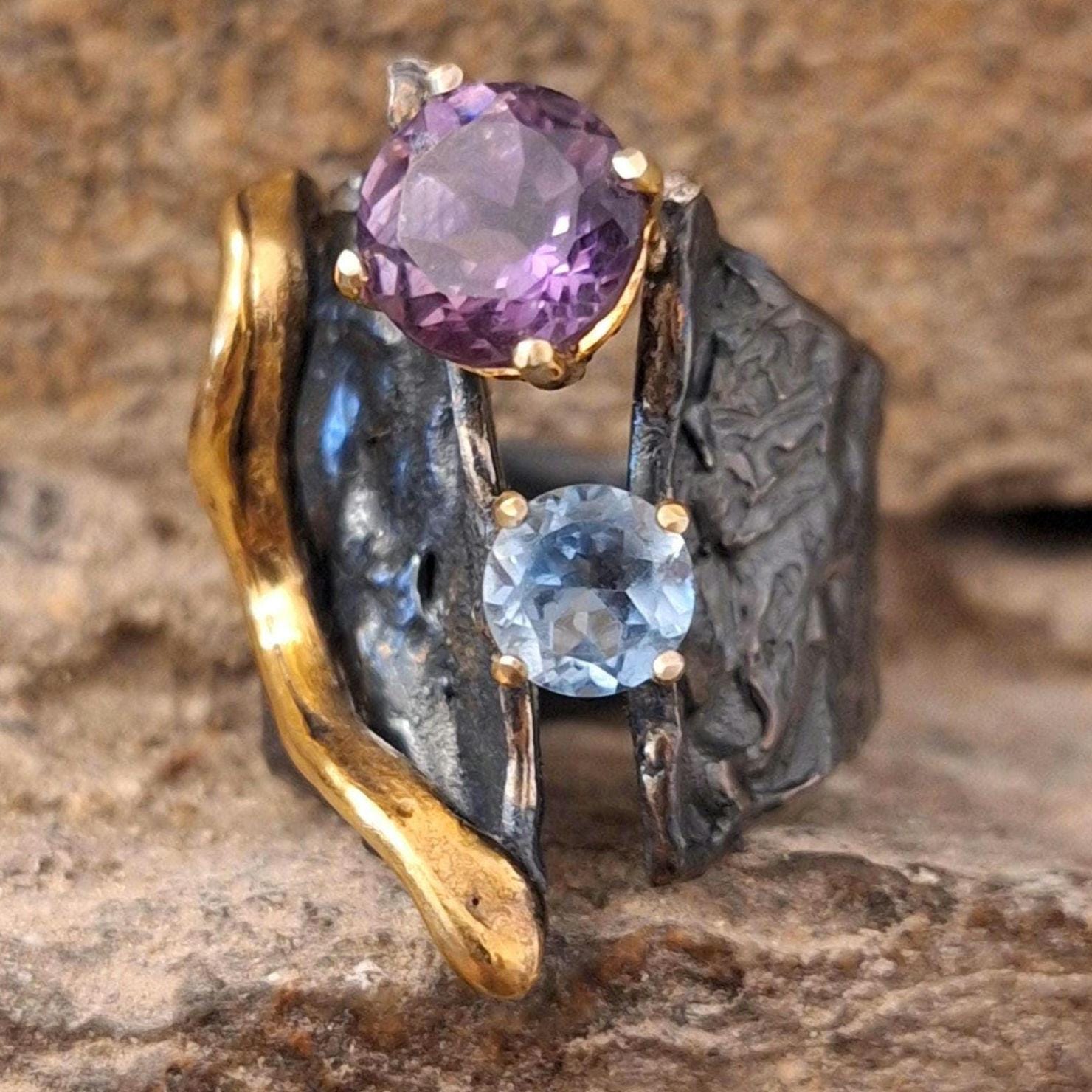 Handgemachter Amethyst & Aquamarin Ring Oxidiertes Sterling Silber Statement von KanevskyJewelry