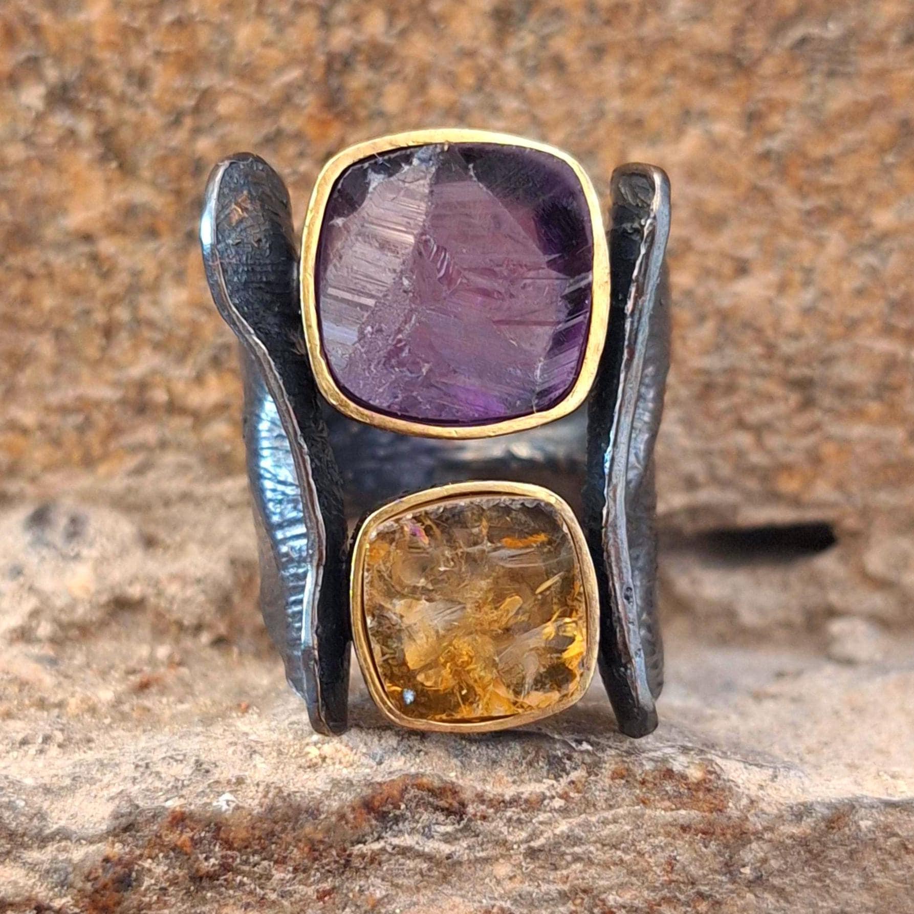 Oxidierter Sterling Silber Ring Amethyst & Citrin Edelstein Statement von KanevskyJewelry