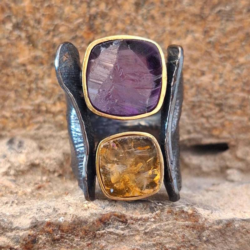 Oxidierter Sterling Silber Ring Amethyst & Citrin Edelstein Statement Oxidierter Sterling Silber Ring Amethyst & Citrin Edelstein Statement von KanevskyJewelry