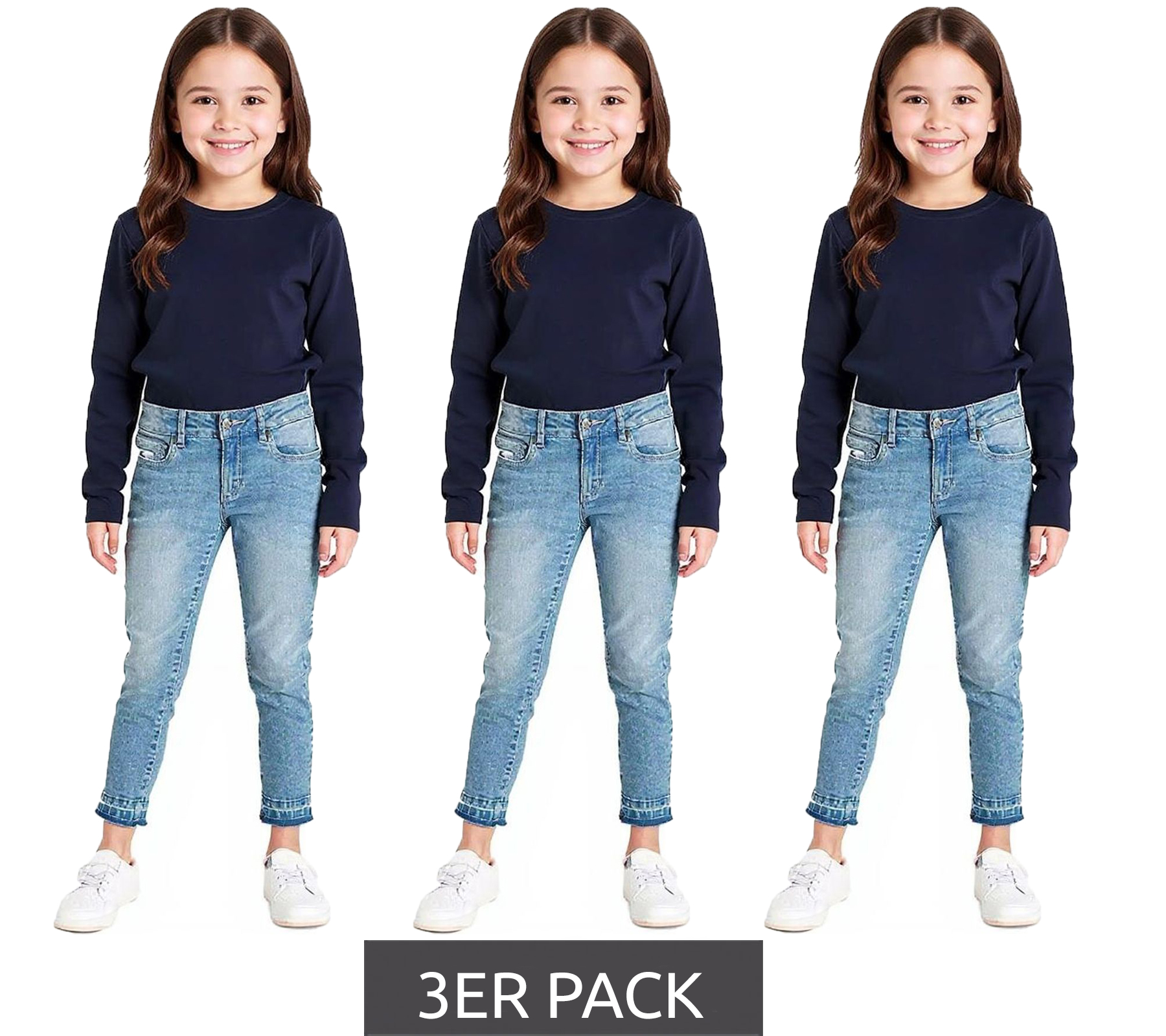3er Sparpack KangaROOS Kinder Jeans-Hose für Mädchen mit verkürztem geradem Bein Baumwoll-Hose Freizeit-Jeans 43634735 Blau von KangaROOS