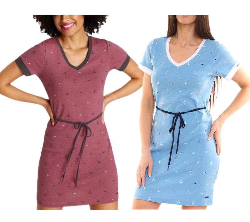 KangaROOS Damen Mini-Kleid mit Stoff-Gürtel und maritimen Allover-Print Dunkelrosa oder Hellblau von KangaROOS