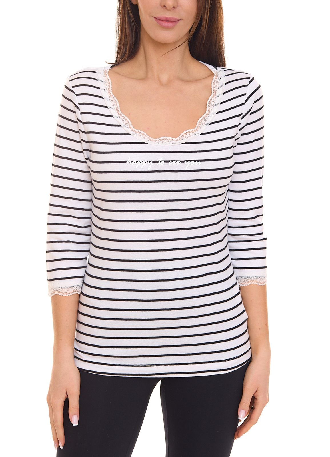 KangaROOS Damen Sweatshirt mit Spitzenbesatz 3/4-Arm Sommer-Shirt 68605155 Weiß/Schwarz von KangaROOS