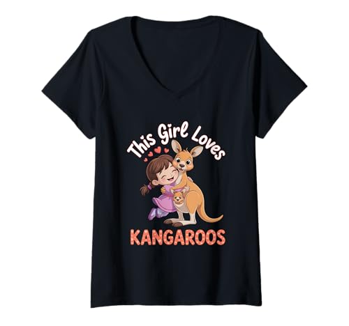 Damen Dieses Mädchen liebt Kängurus Mädchen Känguru-Liebhaber T-Shirt mit V-Ausschnitt von Kangaroo Designs for Girls Who Love Kangaroos