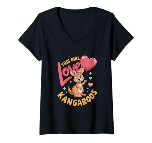 Damen Dieses Mädchen liebt Kängurus Mädchen Känguru-Liebhaber T-Shirt mit V-Ausschnitt von Kangaroo Designs for Girls Who Love Kangaroos