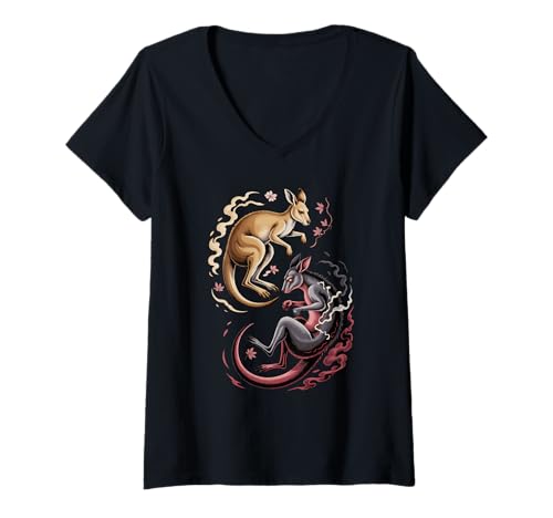 Damen Japanische Kunst Känguru Gut Und Teufel Kängurus T-Shirt mit V-Ausschnitt Damen Japanische Kunst Känguru Gut Und Teufel Kängurus T-Shirt mit V-Ausschnitt von Kangaroos Kangaroo Lover Gifts