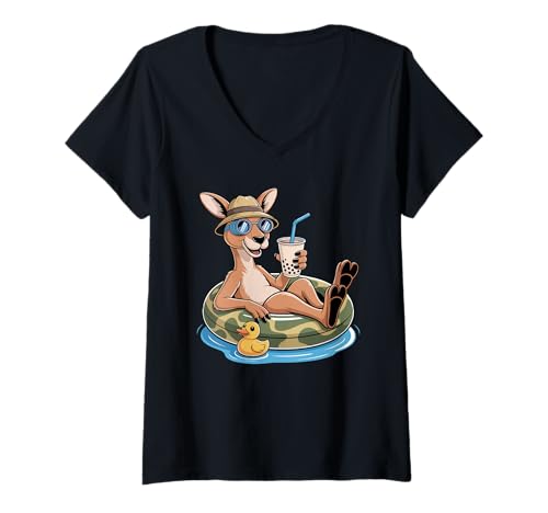 Damen Känguru Boba Perle Milchtee Kängurus T-Shirt mit V-Ausschnitt Damen Känguru Boba Perle Milchtee Kängurus T-Shirt mit V-Ausschnitt von Kangaroos Kangaroo Lover Gifts