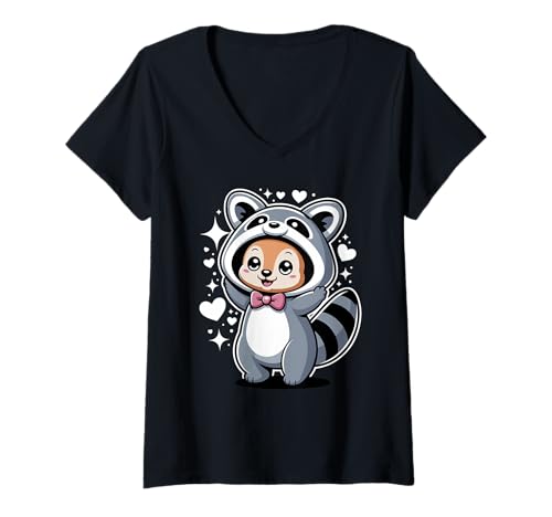 Damen Kawaii Kangaroo Raccoon Costume Kangaroos T-Shirt mit V-Ausschnitt Damen Kawaii Kangaroo Raccoon Costume Kangaroos T-Shirt mit V-Ausschnitt von Kangaroos Kangaroo Lover Gifts