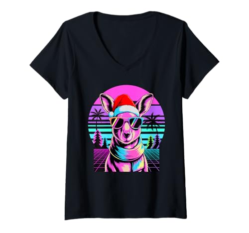 Damen Noël Synthwave Kangourou Lunettes De Soleil Kangourous T-Shirt mit V-Ausschnitt Damen Noël Synthwave Kangourou Lunettes De Soleil Kangourous T-Shirt mit V-Ausschnitt von Kangaroos Kangaroo Lover Gifts