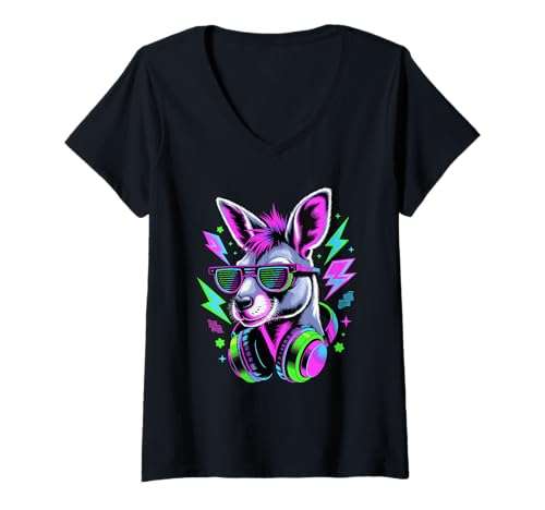 Damen Punk Ära Stil Känguru Sonnenbrille Kängurus T-Shirt mit V-Ausschnitt Damen Punk Ära Stil Känguru Sonnenbrille Kängurus T-Shirt mit V-Ausschnitt von Kangaroos Kangaroo Lover Gifts