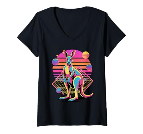 Damen Retro Synthwave Känguru Kängurus T-Shirt mit V-Ausschnitt Damen Retro Synthwave Känguru Kängurus T-Shirt mit V-Ausschnitt von Kangaroos Kangaroo Lover Gifts