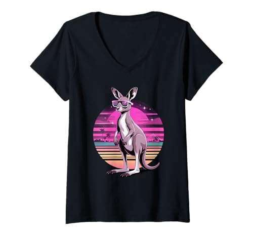 Damen Retro Synthwave Känguru Sonnenbrille Kängurus T-Shirt mit V-Ausschnitt Damen Retro Synthwave Känguru Sonnenbrille Kängurus T-Shirt mit V-Ausschnitt von Kangaroos Kangaroo Lover Gifts