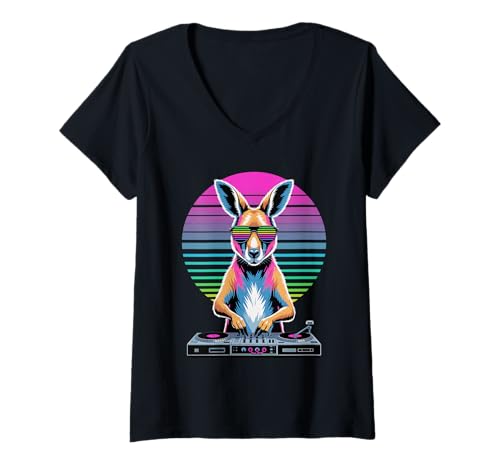 Damen Synthwave Känguru DJ Sonnenbrille Kängurus T-Shirt mit V-Ausschnitt Damen Synthwave Känguru DJ Sonnenbrille Kängurus T-Shirt mit V-Ausschnitt von Kangaroos Kangaroo Lover Gifts