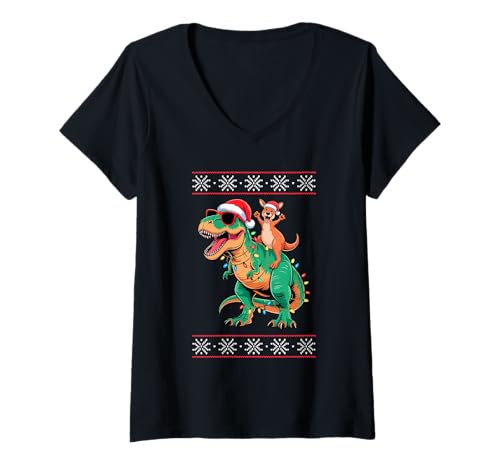 Damen Weihnachten Känguru T-Rex Dinosaurier Tyrannosaurus Rex T-Shirt mit V-Ausschnitt Damen Weihnachten Känguru T-Rex Dinosaurier Tyrannosaurus Rex T-Shirt mit V-Ausschnitt von Kangaroos Kangaroo Lover Gifts