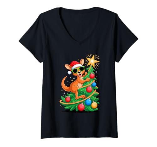 Damen Weihnachtsbaum Känguru Sonnenbrille Kängurus T-Shirt mit V-Ausschnitt Damen Weihnachtsbaum Känguru Sonnenbrille Kängurus T-Shirt mit V-Ausschnitt von Kangaroos Kangaroo Lover Gifts