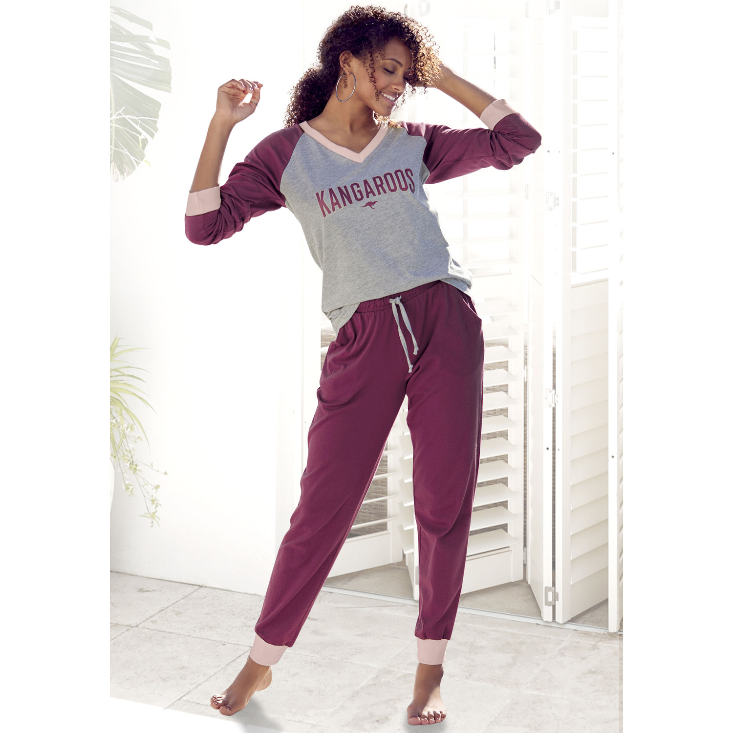 KANGAROOS Damen Pyjama bordeaux-grau-meliert Gr.36/38 von Kangaroos