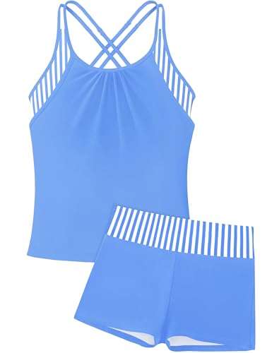 KANGKANG Mädchen-Badeanzug, einfarbig, gestreift, Kreuzriemen, Tankini-Shorts, 2-teiliger Badeanzug, Teenager, Mädchen, Bademode, 7–16 Jahre, Blau, 13-14 Jahre KANGKANG Mädchen-Badeanzug, einfarbig, gestreift, Kreuzriemen, Tankini-Shorts, 2-teiliger Badeanzug, Teenager, Mädchen, Bademode, 7–16 Jahre, Blau, 13-14 Jahre von Kangkang