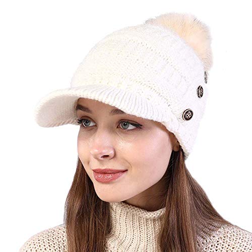 Kangqifen Damen Warmes Futter Schirmmütze Wintermütz Strickmütze mit Bommel Visier 3 Knöpfe Weiß von Kangqifen