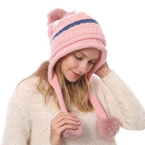 Kangqifen Damen Winter Gestreifte Fleece Gefüttert Warme Strickmütze Bommelmütz Gestrickte Mütze mit Ohrenklappen 3 Pompon (Rosa) von Kangqifen