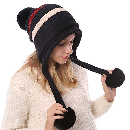 Kangqifen Damen Winter Gestreifte Fleece Gefüttert Warme Strickmütze Bommelmütz Gestrickte Mütze mit Ohrenklappen 3 Pompon (Schwarz) von Kangqifen