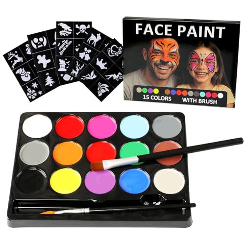 Kinderschminke Set – 15 Farben Gesicht- & Körperfarbe mit 30 Schablonen & 2 Pinseln - Hautfreundliche Schminkpalette für Kinder & Erwachsene zu Karneval, Fasching & Halloween von Kangtaixin
