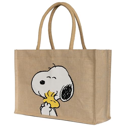 Kanguru Tote Bag Damen mit Snoopy Design, Grosse Shopper Tasche in Baumwoll - Jute mix mit Henkel und schwarzer Fütterung, Stilvoll, Elegant, Ästhetisch und Robust, als Einkaufskorb bedruckt Peanuts von Kanguru