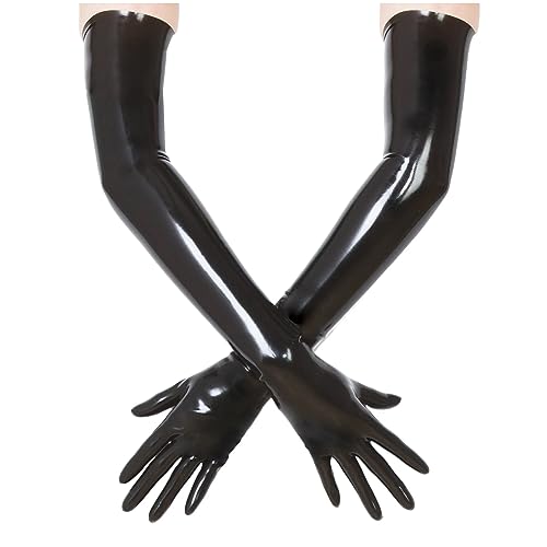 Schwarze Lange Latex Handschuhe für Damen und Herren, Wet Look Handschuhe aus Naturkautschuk Cosplay Kostüm Party Clubwear (Schwarze,Lange-L) von Kangxinsheng