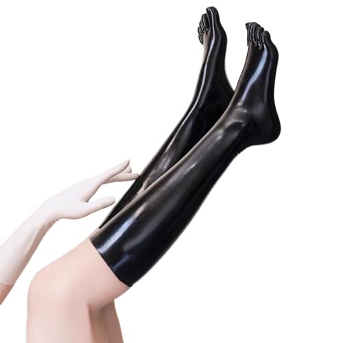 Schwarze Latex Strümpfe für Frauen, Naturkautschuk Latex Oberschenkel Hohe Strümpfe mit Zehen Cosplay Kostüm Party Clubwear (Latex, Schwarz,L) von Kangxinsheng