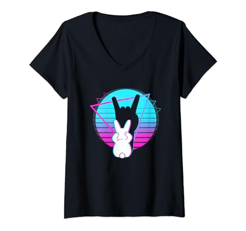 Damen Kaninchen Schatten Osterhase Heavy Metal Rock Festival Hase T-Shirt mit V-Ausschnitt Damen Kaninchen Schatten Osterhase Heavy Metal Rock Festival Hase T-Shirt mit V-Ausschnitt von Kaninchen Bunny Hasen Geschenke