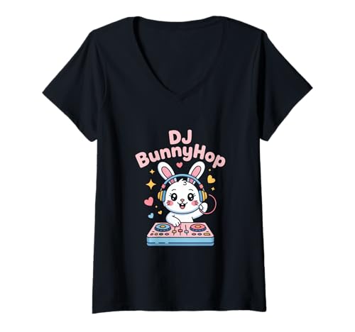 Damen DJ Bunnyhop Süßer Hase DJ Kinder Party Musik Rave T-Shirt mit V-Ausschnitt Damen DJ Bunnyhop Süßer Hase DJ Kinder Party Musik Rave T-Shirt mit V-Ausschnitt von Kaninchen DJ Kinder Party Musik Kawaii Rave