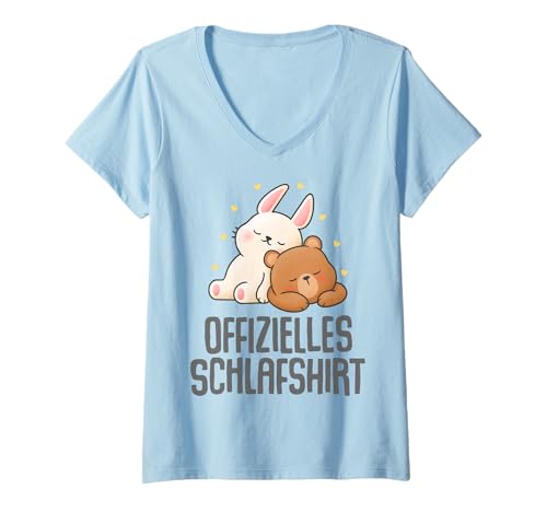 Damen Offizielles Schlafshirt Pyjama Kaninchen Hasen Bär Geschenk T-Shirt mit V-Ausschnitt von Kaninchen Hase Geschenkidee Langschläfer Faulenzer