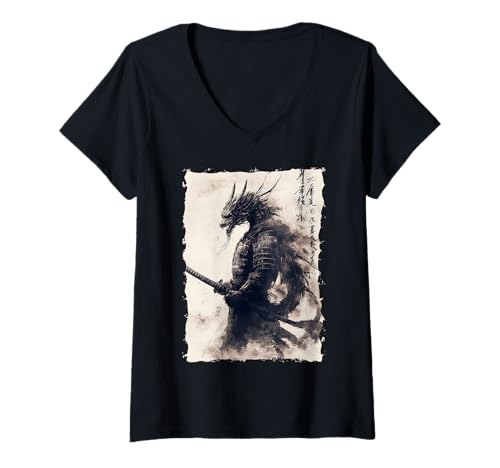 Damen Samurai Drache Asiatische Kunst Mythisches Tier T-Shirt mit V-Ausschnitt Damen Samurai Drache Asiatische Kunst Mythisches Tier T-Shirt mit V-Ausschnitt von Kanji-Kalligraphie Geschenk Tattoo Ästhetik