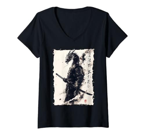 Damen Samurai Drache Asiatische Kunst Mythisches Tier T-Shirt mit V-Ausschnitt Damen Samurai Drache Asiatische Kunst Mythisches Tier T-Shirt mit V-Ausschnitt von Kanji-Kalligraphie Geschenk Tattoo Ästhetik