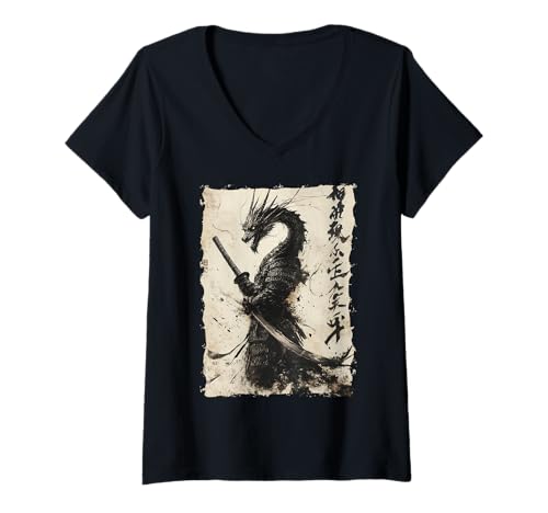 Damen Samurai Drache Asiatische Kunst Mythisches Tier T-Shirt mit V-Ausschnitt Damen Samurai Drache Asiatische Kunst Mythisches Tier T-Shirt mit V-Ausschnitt von Kanji-Kalligraphie Geschenk Tattoo Ästhetik