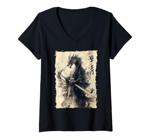 Damen Samurai Drache Asiatische Kunst Mythisches Tier T-Shirt mit V-Ausschnitt Damen Samurai Drache Asiatische Kunst Mythisches Tier T-Shirt mit V-Ausschnitt von Kanji-Kalligraphie Geschenk Tattoo Ästhetik