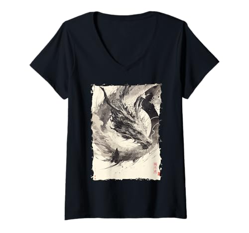 Damen Tinten-Drache Asiatische Kunst Mythisches Tier T-Shirt mit V-Ausschnitt Damen Tinten-Drache Asiatische Kunst Mythisches Tier T-Shirt mit V-Ausschnitt von Kanji-Kalligraphie Geschenk Tattoo Ästhetik