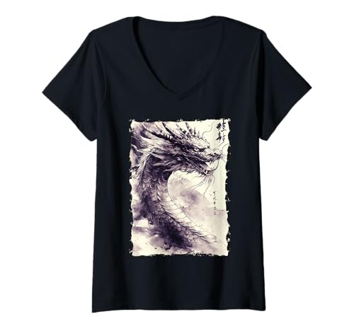Damen Tinten-Drache Asiatische Kunst Mythisches Tier T-Shirt mit V-Ausschnitt Damen Tinten-Drache Asiatische Kunst Mythisches Tier T-Shirt mit V-Ausschnitt von Kanji-Kalligraphie Geschenk Tattoo Ästhetik
