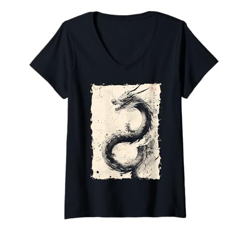 Damen Tinten-Drache Asiatische Kunst Mythisches Tier T-Shirt mit V-Ausschnitt Damen Tinten-Drache Asiatische Kunst Mythisches Tier T-Shirt mit V-Ausschnitt von Kanji-Kalligraphie Geschenk Tattoo Ästhetik